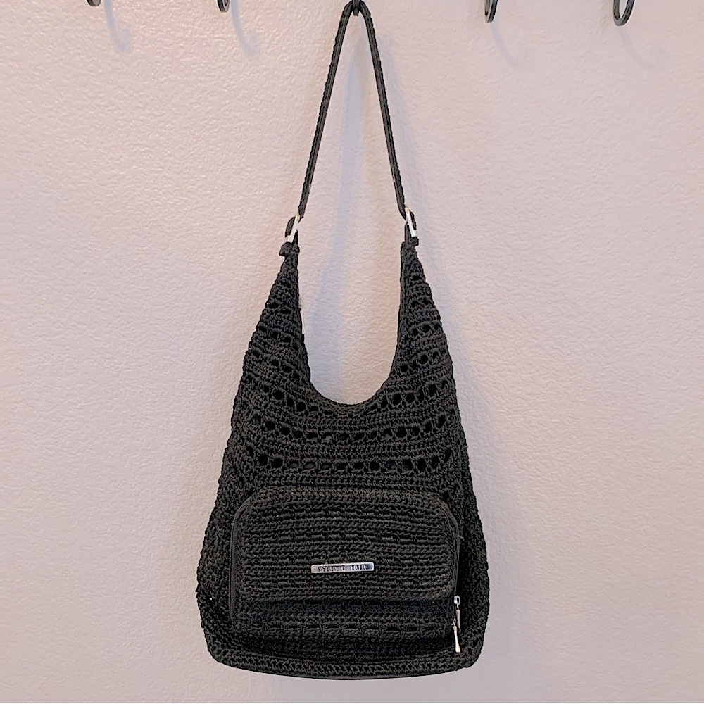 Vintage Y2K Black Crochet Macrame Hobo Shoulder Purse Handbag Boho Hippie Grunge